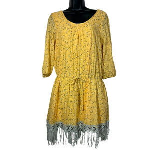 A'reve Anthropologie Yellow Floral Dress Drop Waist Lace Hem Butter Large Midi